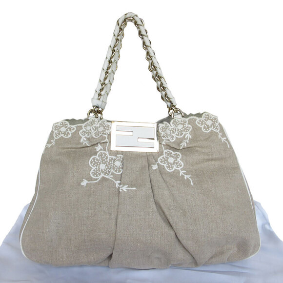 Fendi Handbags - Fendi Shoulder Bag Canvas Leather Beige Tan White Gold